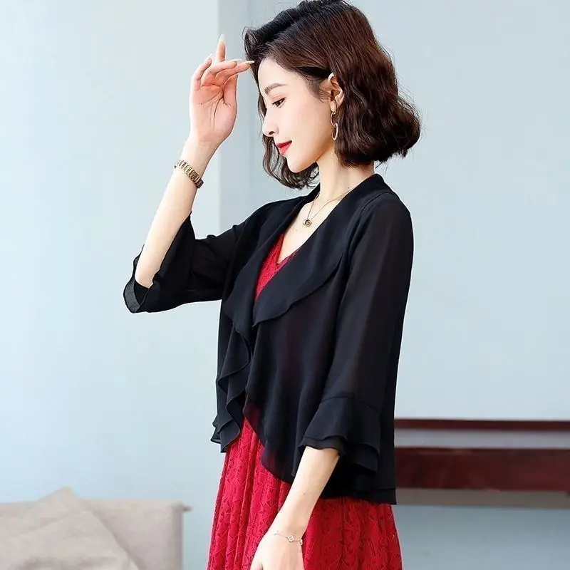 Ruffle Edge Chiffon Shawl Short Jacket For Women's 2024 NEW Spring Summer Sun Protection uterwear Thin Versatile Coat Top