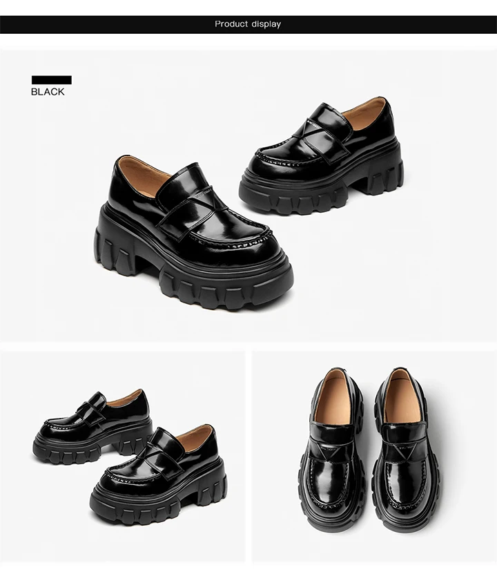 BEAUTODAY Platform Loafers Women Cow Leather Round Toe Triangle Marker Sewing Design Classical Black Shoes Female Handmade 26638