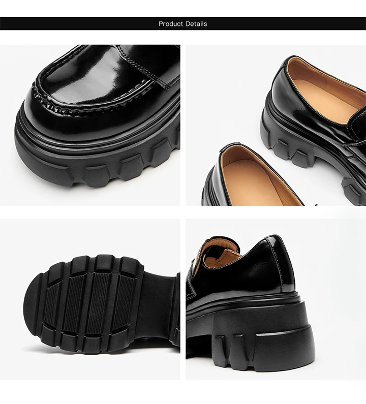 BEAUTODAY Platform Loafers Women Cow Leather Round Toe Triangle Marker Sewing Design Classical Black Shoes Female Handmade 26638