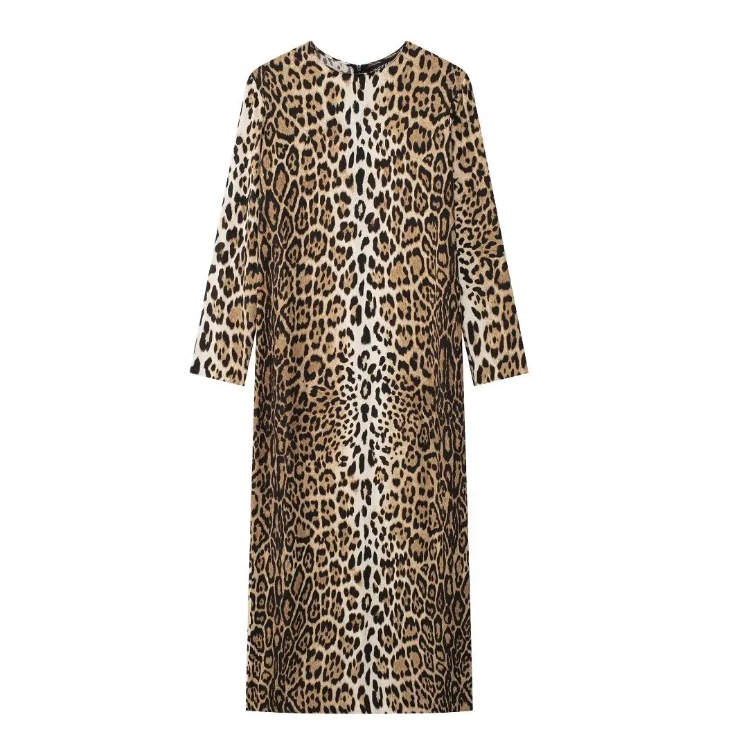 Leopard Print Maxi Dress Women's Retro Animal Print Dress Long Sleeve Elegant Party Dress Midi Prom Evening Dress 2024