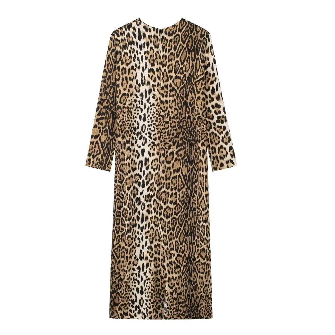 Leopard Print Maxi Dress Women's Retro Animal Print Dress Long Sleeve Elegant Party Dress Midi Prom Evening Dress 2024