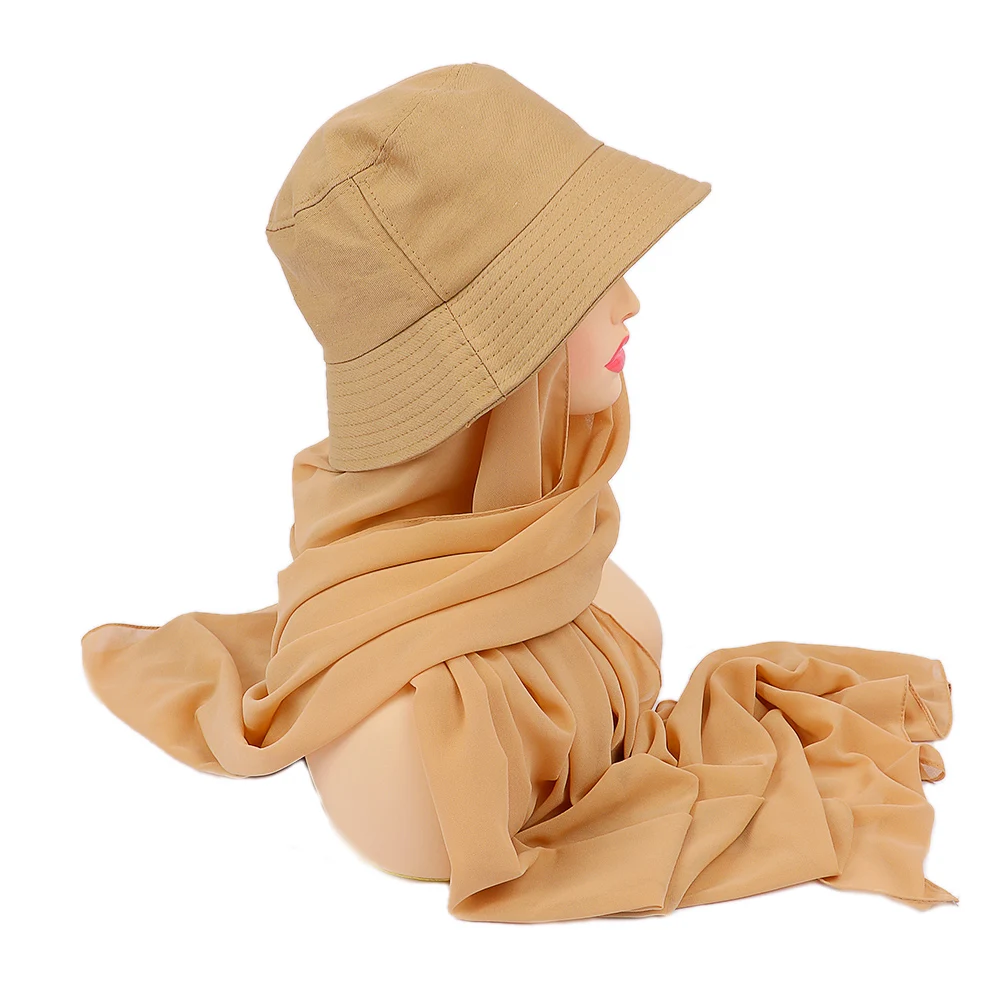 New Muslim Women Bucket Hat With Chiffon Hijabs Summer Sports Cap With Hijab Ready To Wear Instant Hijab Islam Headscarf