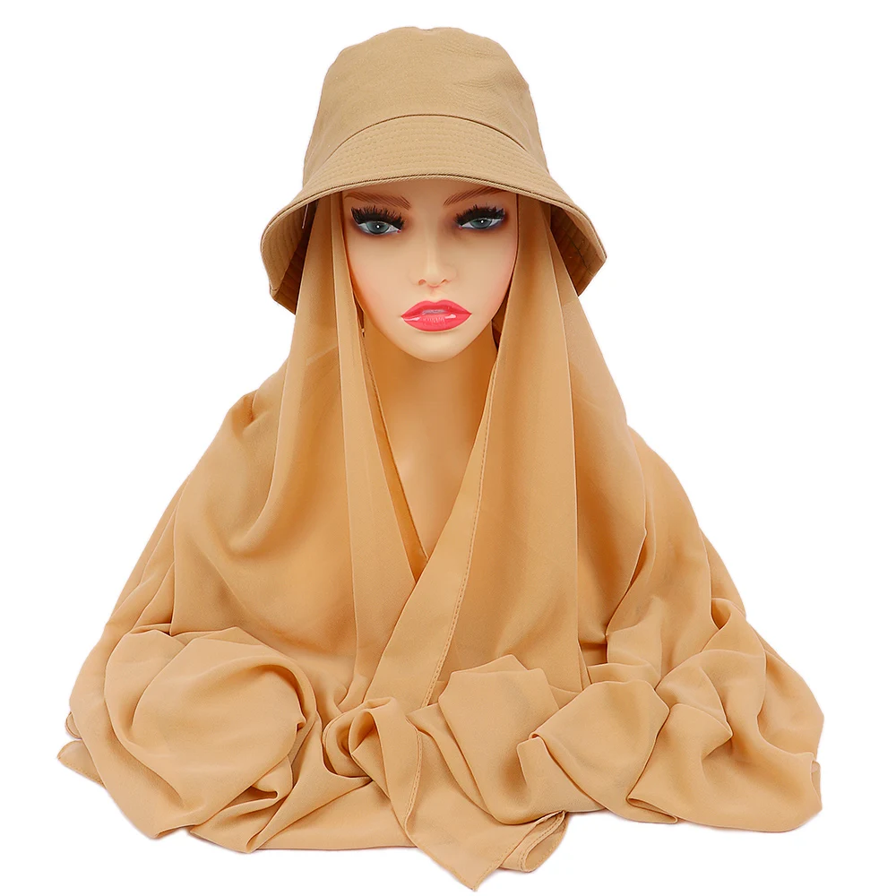 New Muslim Women Bucket Hat With Chiffon Hijabs Summer Sports Cap With Hijab Ready To Wear Instant Hijab Islam Headscarf