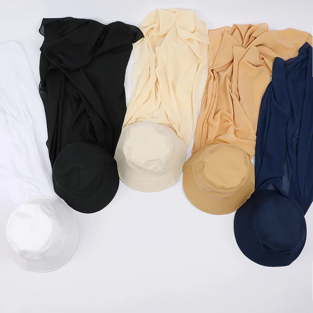 New Muslim Women Bucket Hat With Chiffon Hijabs Summer Sports Cap With Hijab Ready To Wear Instant Hijab Islam Headscarf