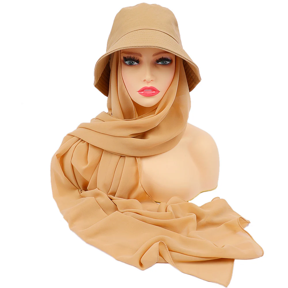 New Muslim Women Bucket Hat With Chiffon Hijabs Summer Sports Cap With Hijab Ready To Wear Instant Hijab Islam Headscarf