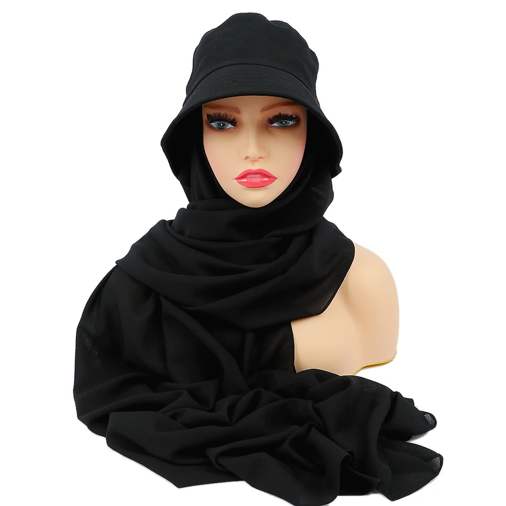 New Muslim Women Bucket Hat With Chiffon Hijabs Summer Sports Cap With Hijab Ready To Wear Instant Hijab Islam Headscarf