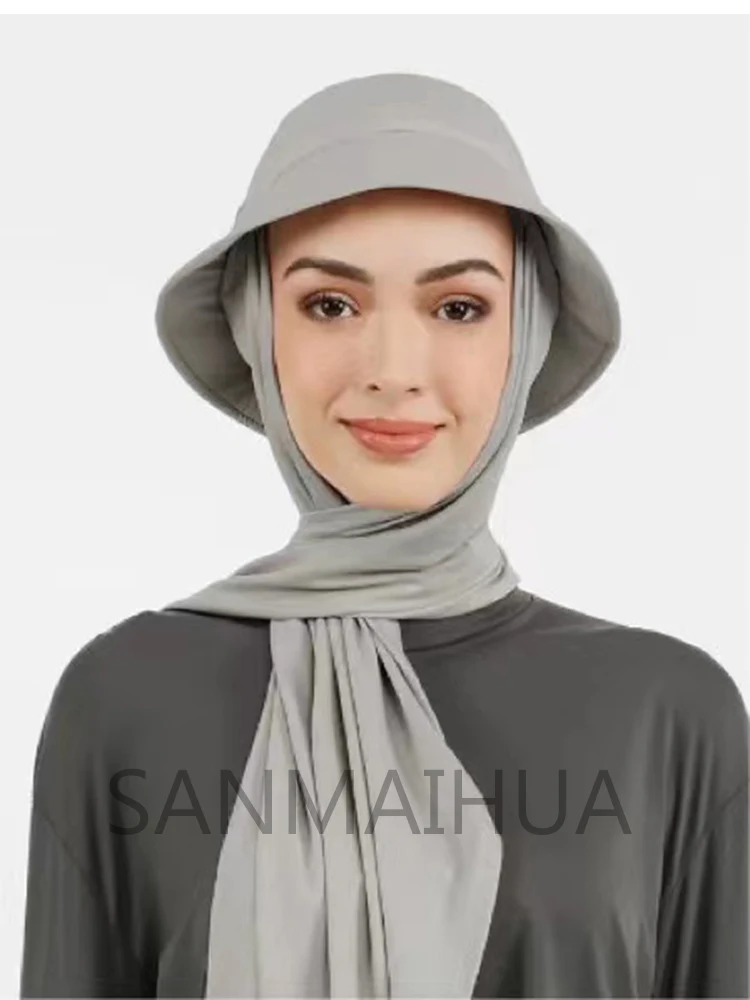 New Muslim Women Bucket Hat With Chiffon Hijabs Summer Sports Cap With Hijab Ready To Wear Instant Hijab Islam Headscarf
