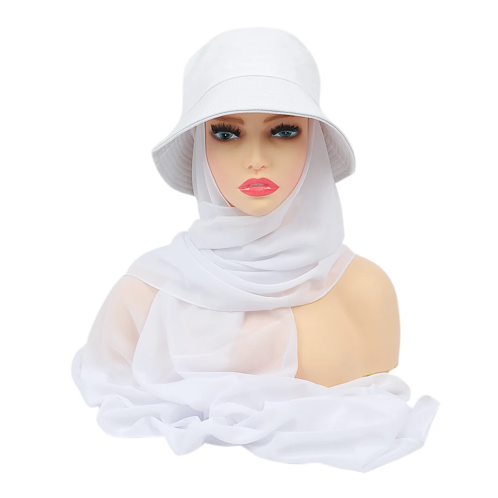 New Muslim Women Bucket Hat With Chiffon Hijabs Summer Sports Cap With Hijab Ready To Wear Instant Hijab Islam Headscarf