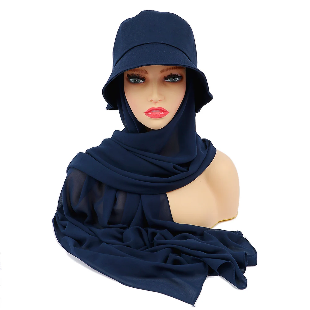 New Muslim Women Bucket Hat With Chiffon Hijabs Summer Sports Cap With Hijab Ready To Wear Instant Hijab Islam Headscarf