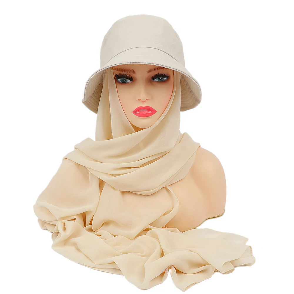 New Muslim Women Bucket Hat With Chiffon Hijabs Summer Sports Cap With Hijab Ready To Wear Instant Hijab Islam Headscarf