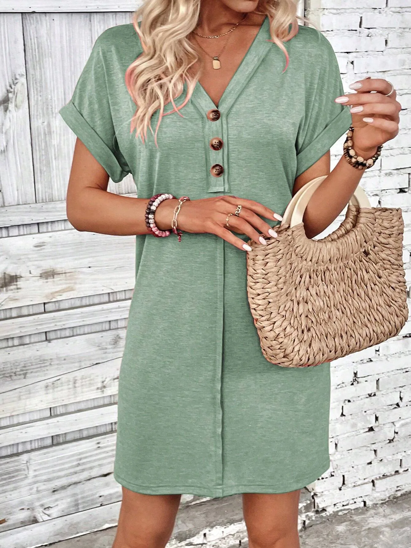 For Women Casual Trend Short Sleeve Mini Dress New Summer Fashion Solid V Neck Button Down Beach Party Dresses Femme Robe