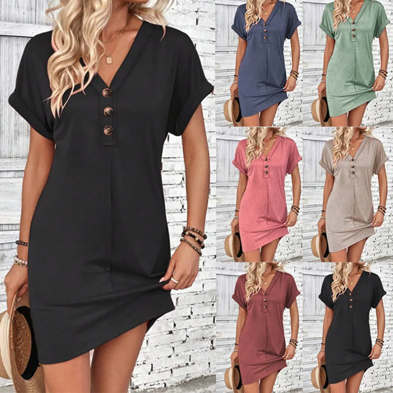 For Women Casual Trend Short Sleeve Mini Dress New Summer Fashion Solid V Neck Button Down Beach Party Dresses Femme Robe