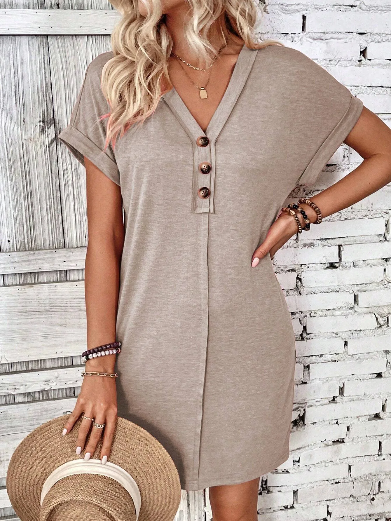For Women Casual Trend Short Sleeve Mini Dress New Summer Fashion Solid V Neck Button Down Beach Party Dresses Femme Robe