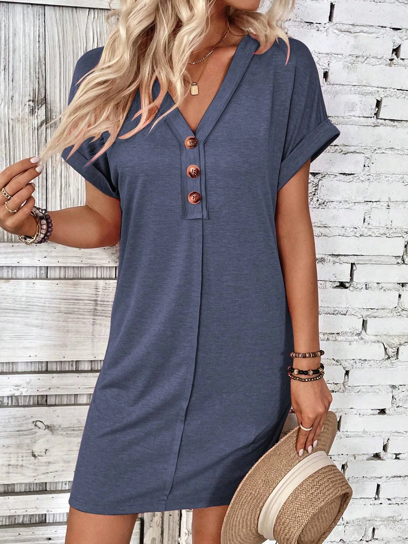 For Women Casual Trend Short Sleeve Mini Dress New Summer Fashion Solid V Neck Button Down Beach Party Dresses Femme Robe