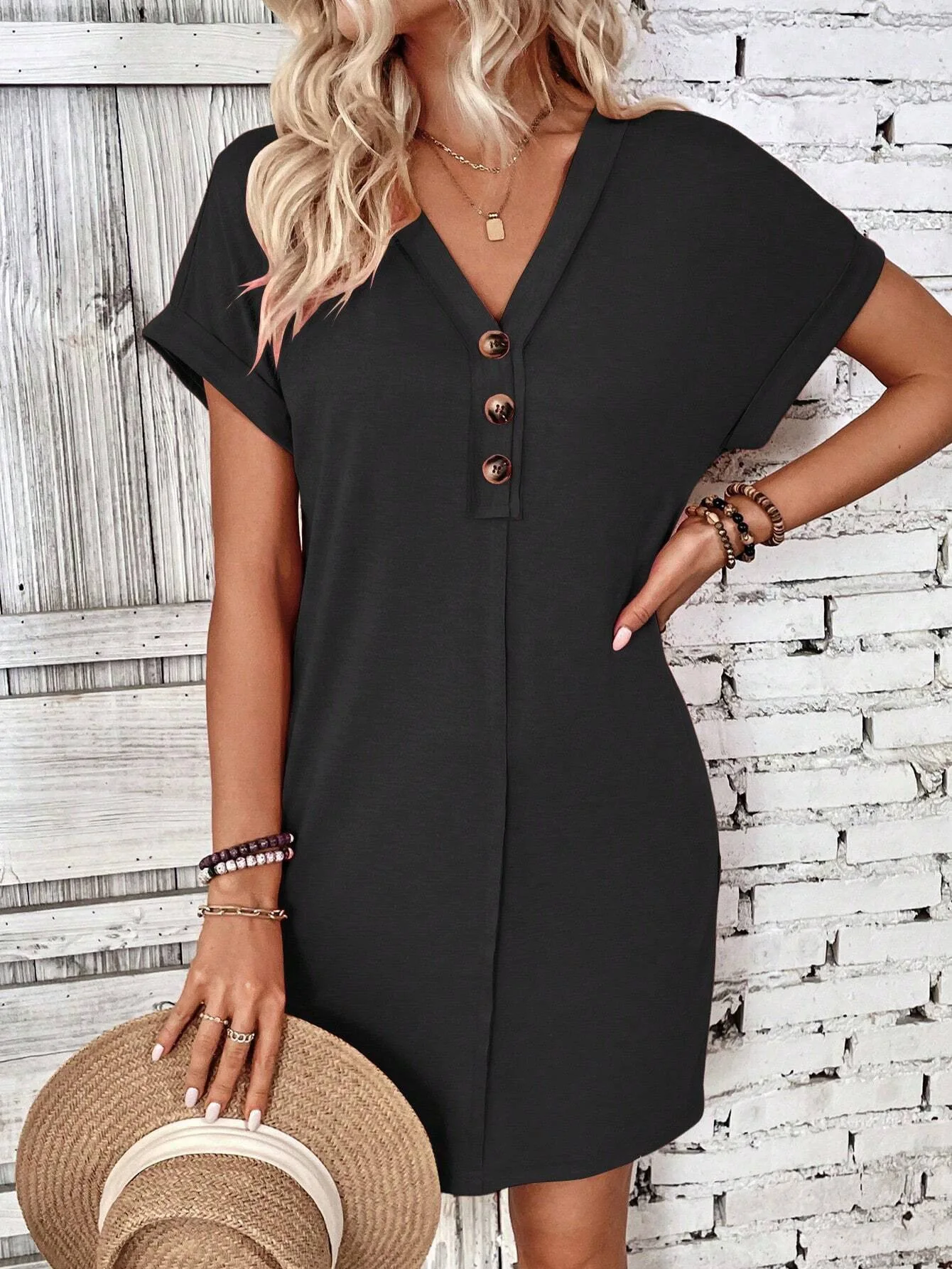 For Women Casual Trend Short Sleeve Mini Dress New Summer Fashion Solid V Neck Button Down Beach Party Dresses Femme Robe