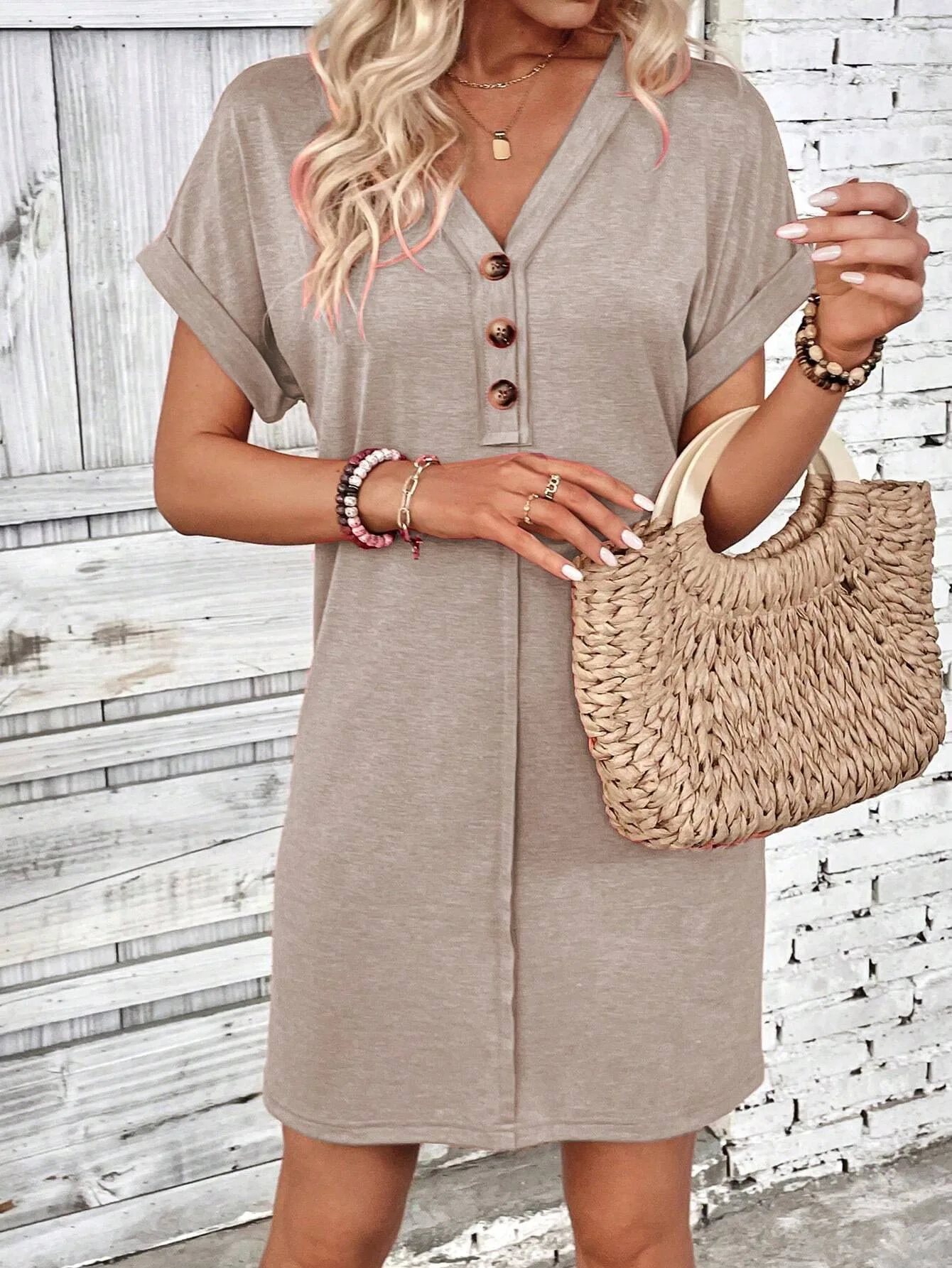 For Women Casual Trend Short Sleeve Mini Dress New Summer Fashion Solid V Neck Button Down Beach Party Dresses Femme Robe