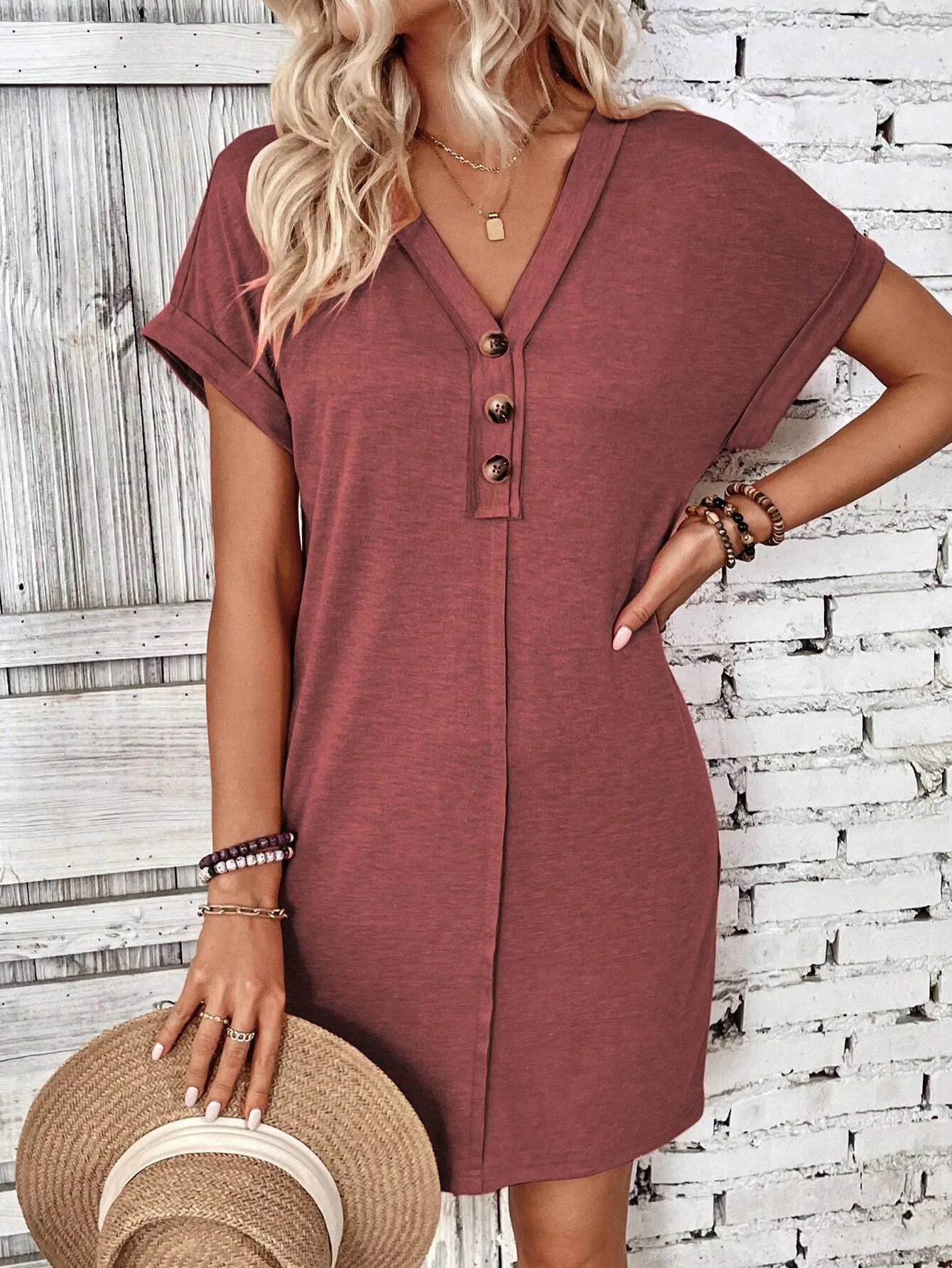 For Women Casual Trend Short Sleeve Mini Dress New Summer Fashion Solid V Neck Button Down Beach Party Dresses Femme Robe