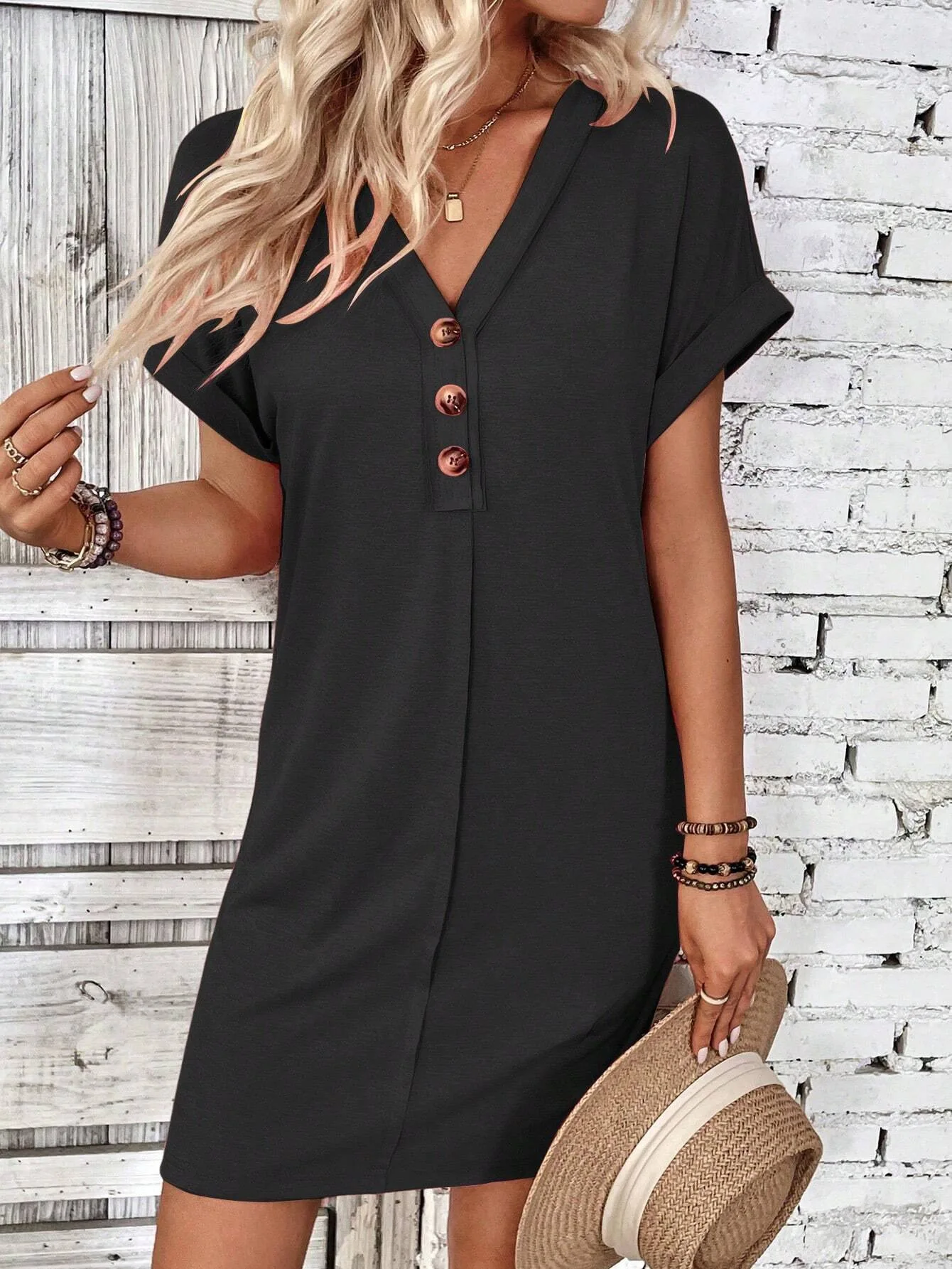 For Women Casual Trend Short Sleeve Mini Dress New Summer Fashion Solid V Neck Button Down Beach Party Dresses Femme Robe