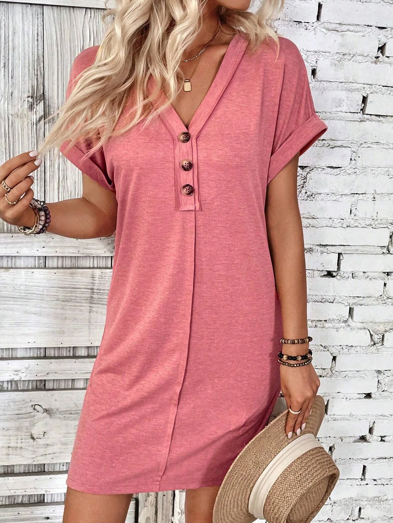 For Women Casual Trend Short Sleeve Mini Dress New Summer Fashion Solid V Neck Button Down Beach Party Dresses Femme Robe