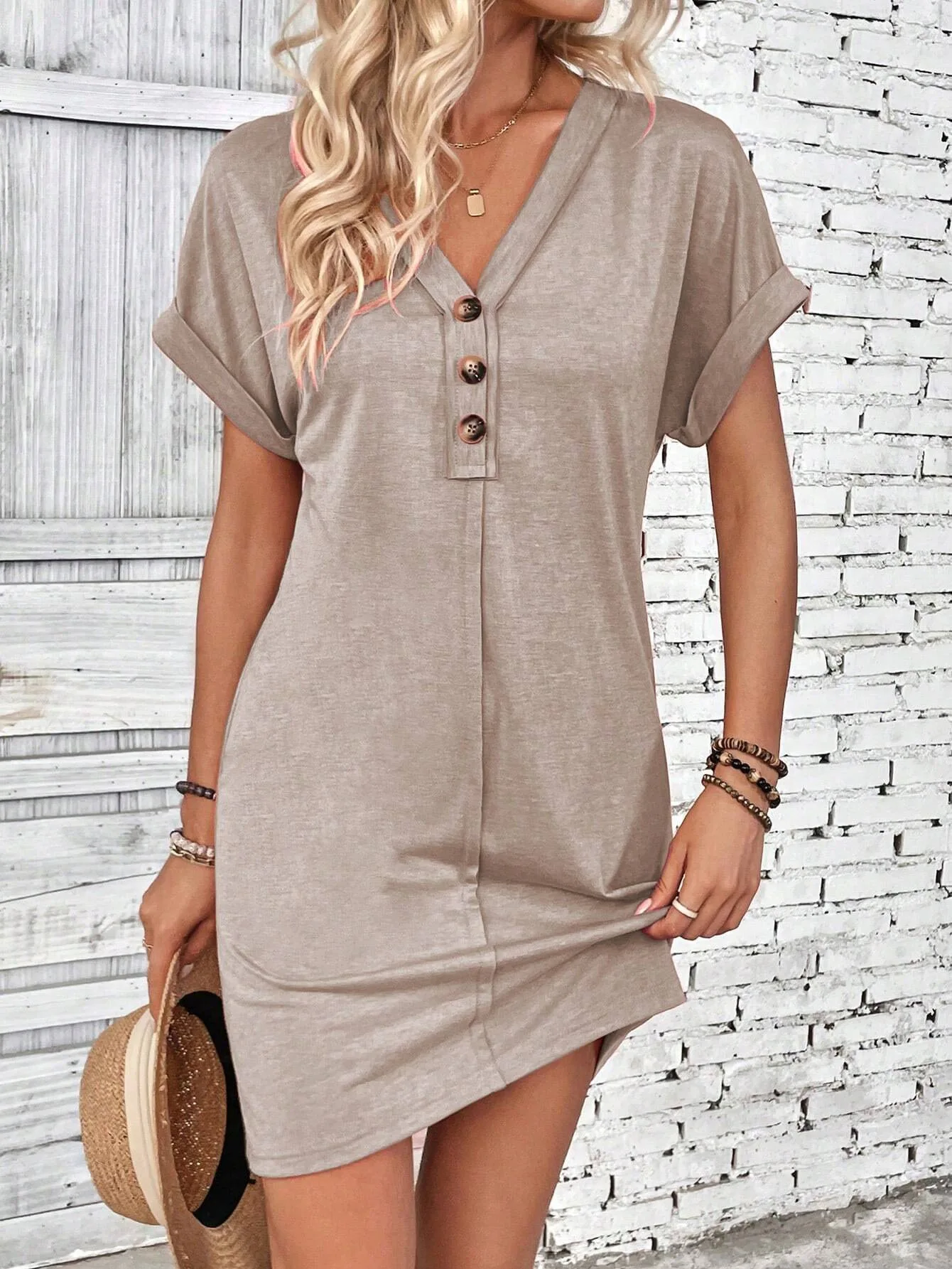 For Women Casual Trend Short Sleeve Mini Dress New Summer Fashion Solid V Neck Button Down Beach Party Dresses Femme Robe
