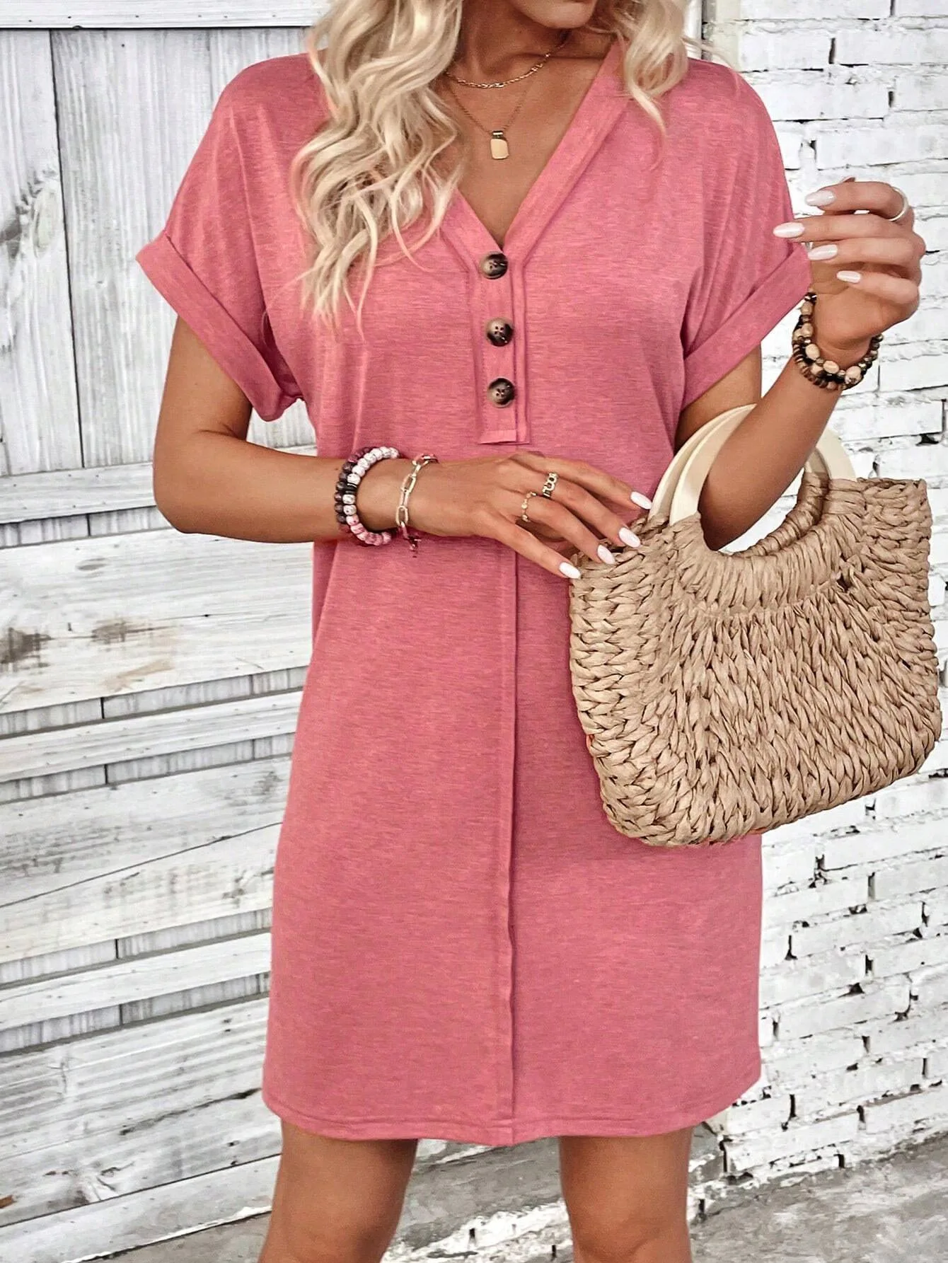 For Women Casual Trend Short Sleeve Mini Dress New Summer Fashion Solid V Neck Button Down Beach Party Dresses Femme Robe