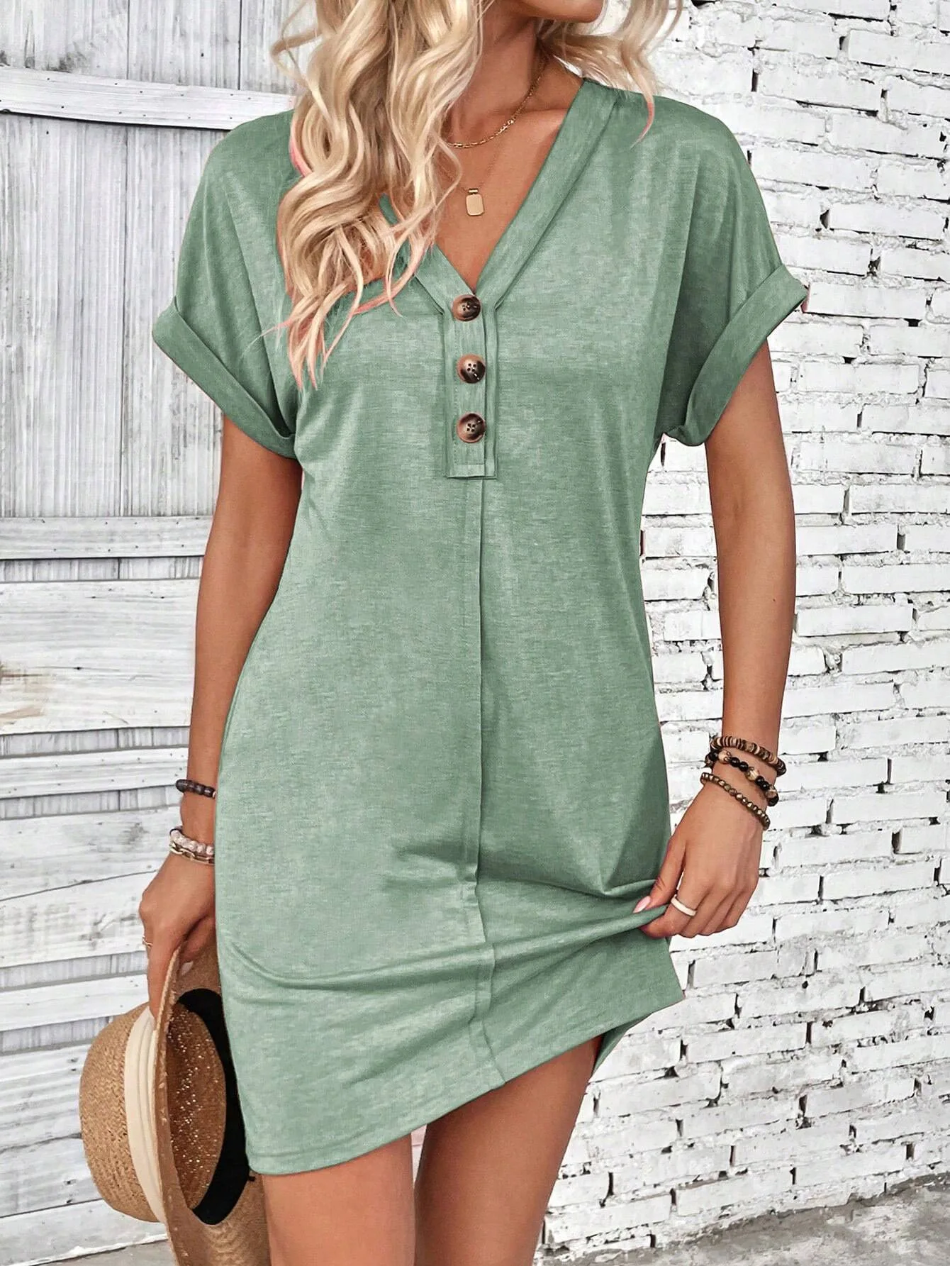 For Women Casual Trend Short Sleeve Mini Dress New Summer Fashion Solid V Neck Button Down Beach Party Dresses Femme Robe