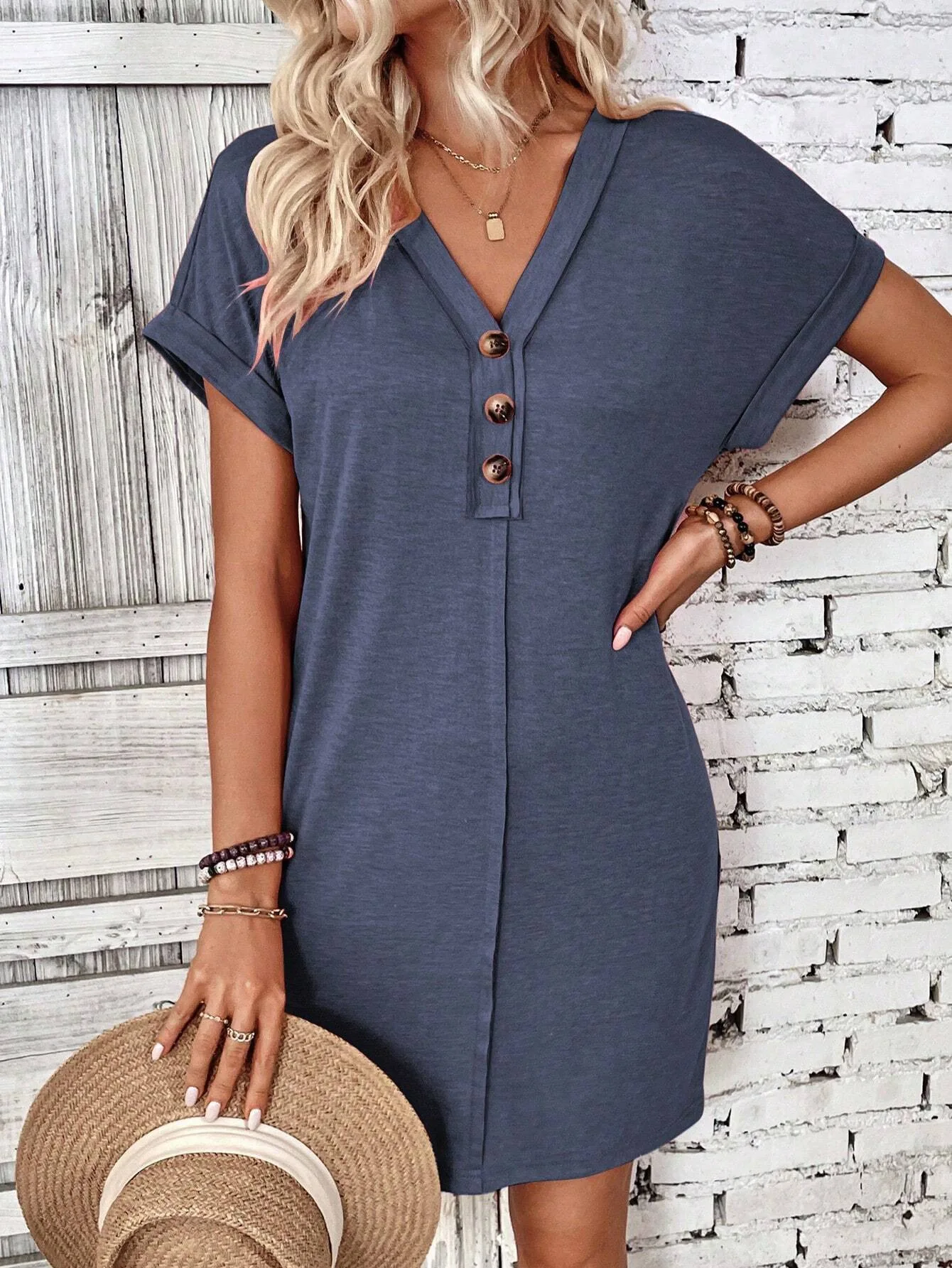 For Women Casual Trend Short Sleeve Mini Dress New Summer Fashion Solid V Neck Button Down Beach Party Dresses Femme Robe