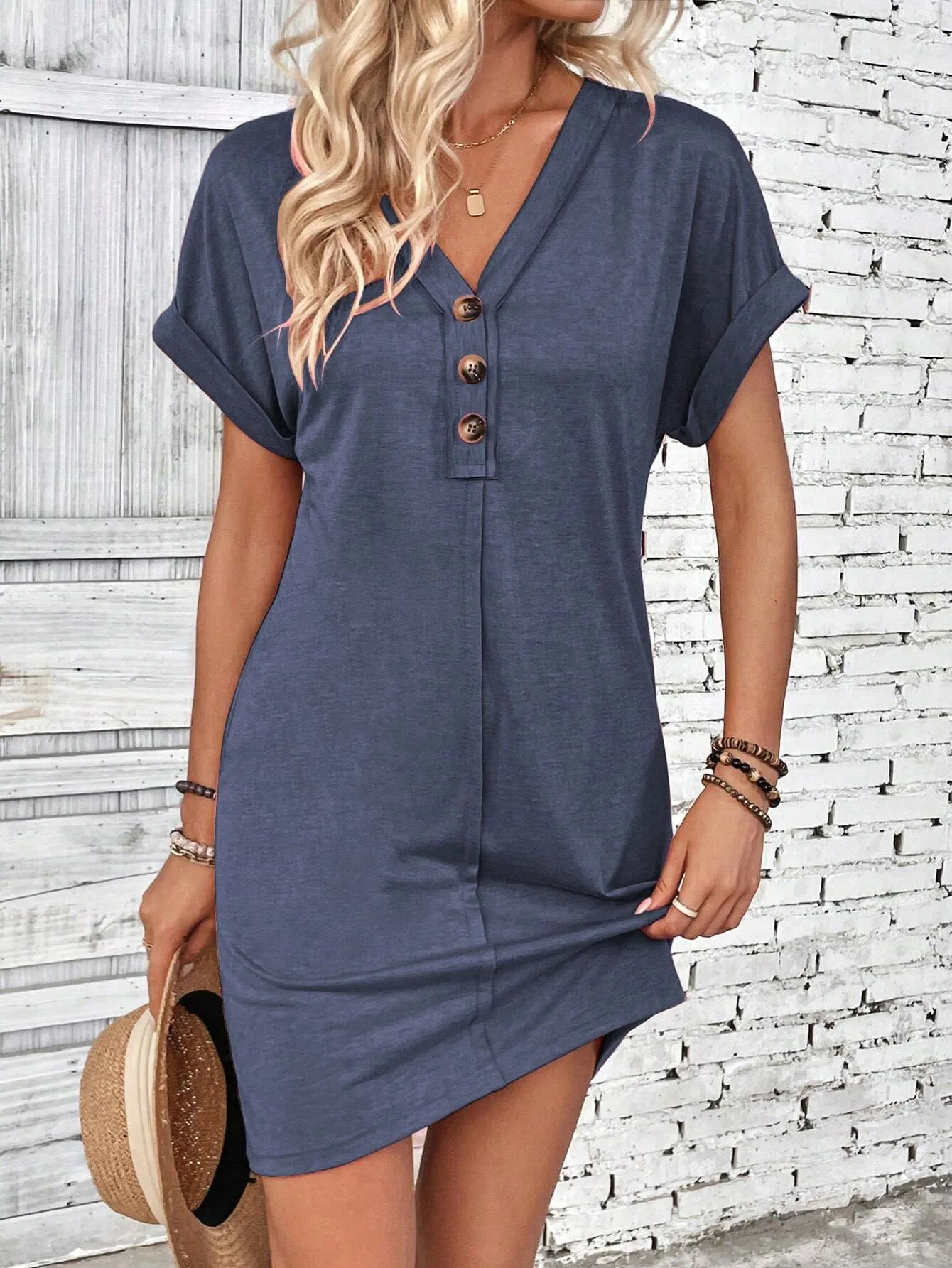 For Women Casual Trend Short Sleeve Mini Dress New Summer Fashion Solid V Neck Button Down Beach Party Dresses Femme Robe
