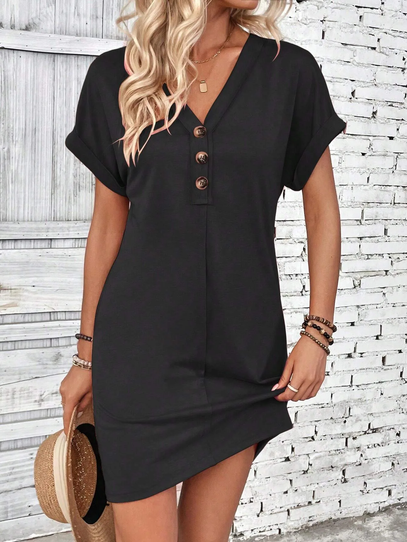 For Women Casual Trend Short Sleeve Mini Dress New Summer Fashion Solid V Neck Button Down Beach Party Dresses Femme Robe