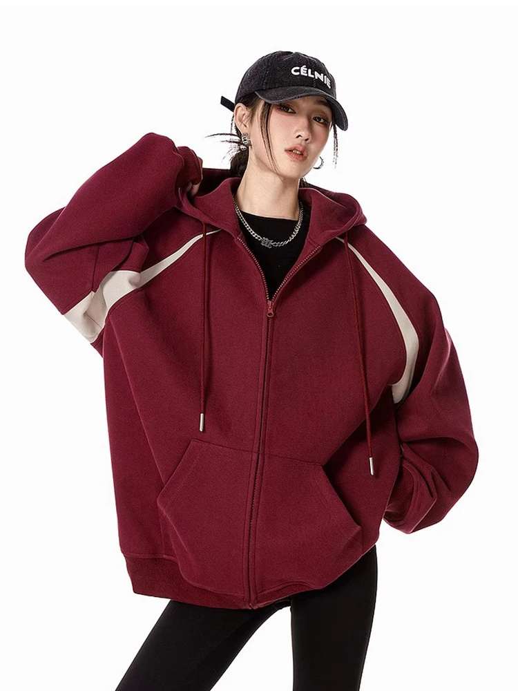 Women Fashion Retro Hoodies Autumn Winter Loose Hooded Jackets Coat Y2k Harajuku Zip Up Cardigan Casual Long Sleeve Sweatshirt