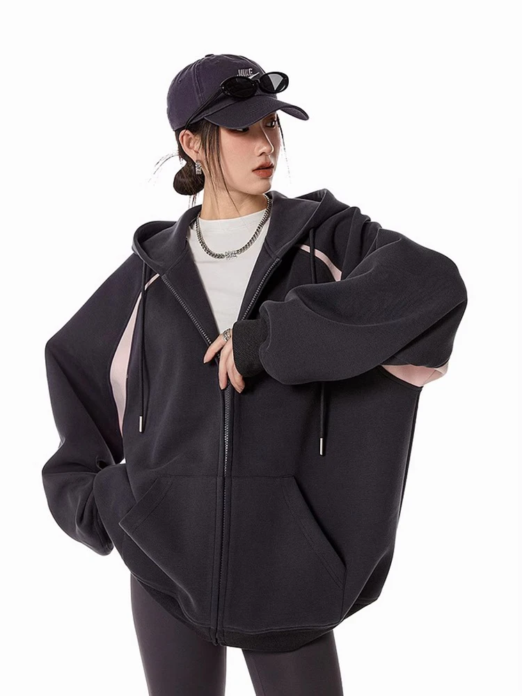 Women Fashion Retro Hoodies Autumn Winter Loose Hooded Jackets Coat Y2k Harajuku Zip Up Cardigan Casual Long Sleeve Sweatshirt