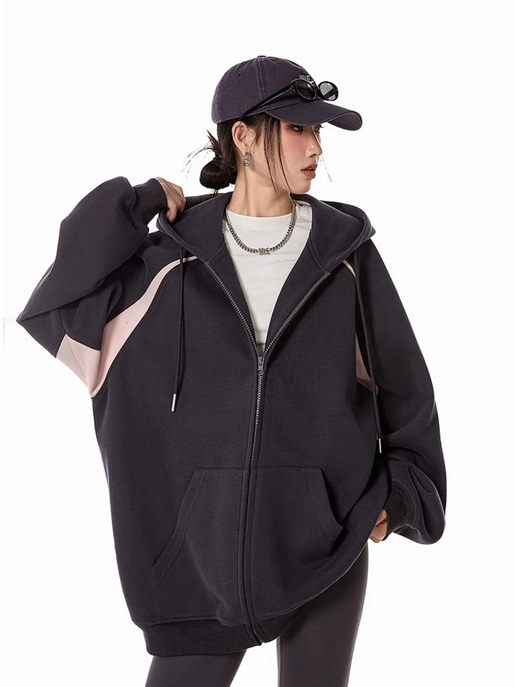 Women Fashion Retro Hoodies Autumn Winter Loose Hooded Jackets Coat Y2k Harajuku Zip Up Cardigan Casual Long Sleeve Sweatshirt