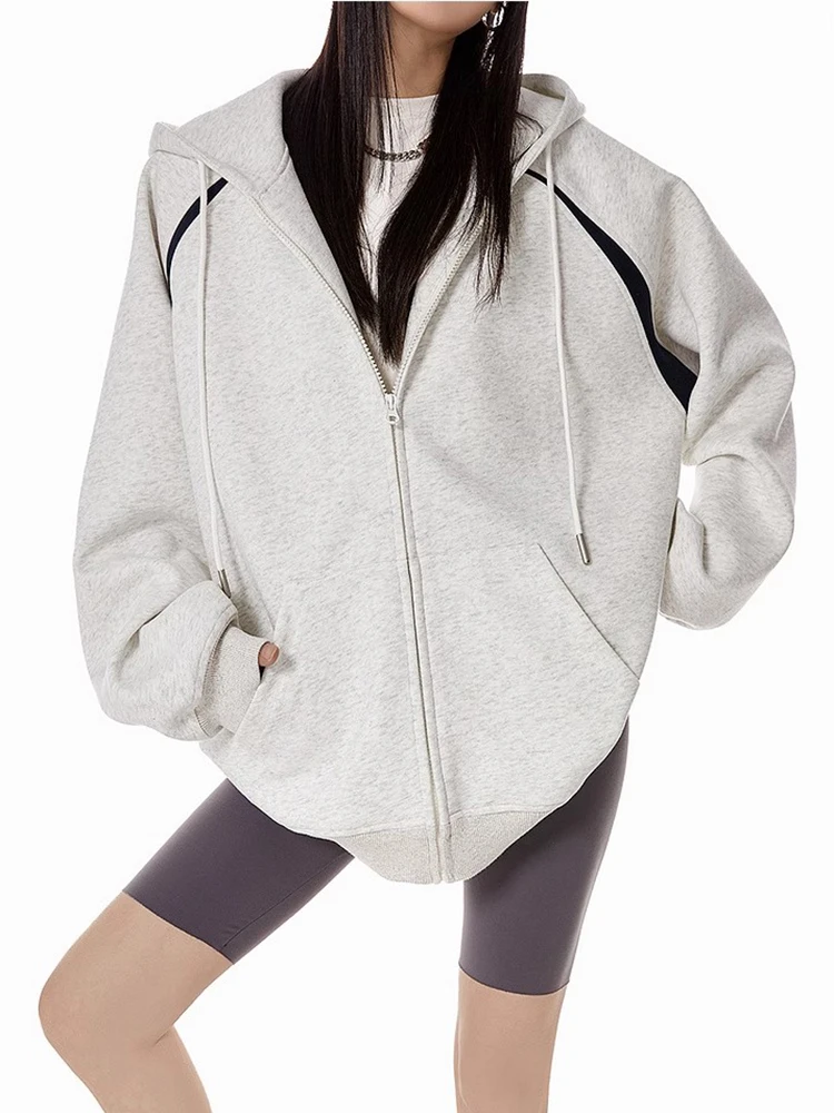 Women Fashion Retro Hoodies Autumn Winter Loose Hooded Jackets Coat Y2k Harajuku Zip Up Cardigan Casual Long Sleeve Sweatshirt