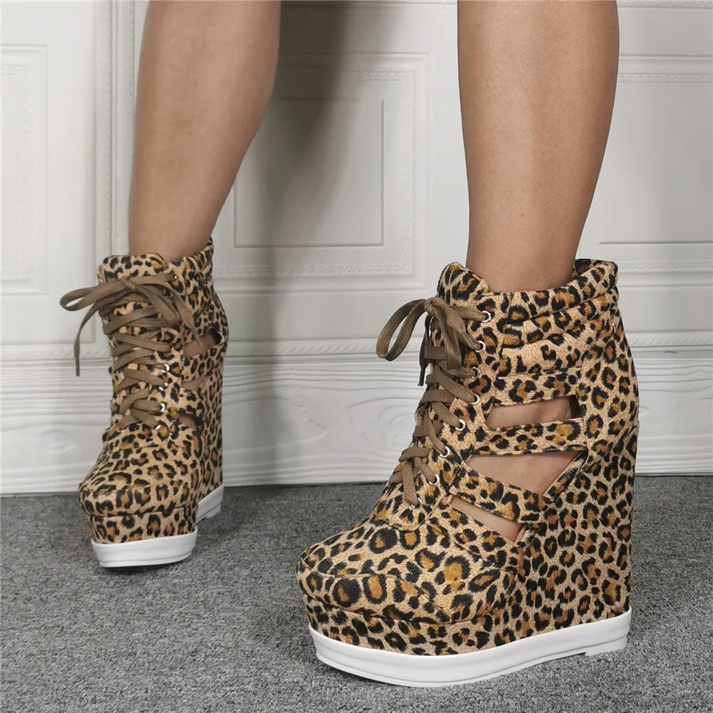 Summer Side Cut-out Leopard Short Boots Woman Wedge Heel Platform Lace Up Ankle Boots Gladiator High Top Sneaker Bottines