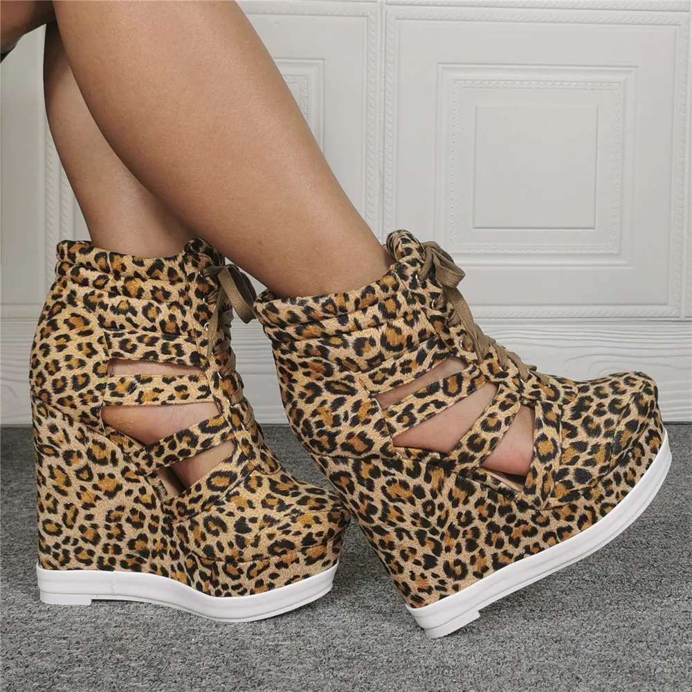 Summer Side Cut-out Leopard Short Boots Woman Wedge Heel Platform Lace Up Ankle Boots Gladiator High Top Sneaker Bottines