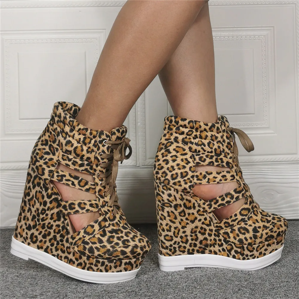 Summer Side Cut-out Leopard Short Boots Woman Wedge Heel Platform Lace Up Ankle Boots Gladiator High Top Sneaker Bottines