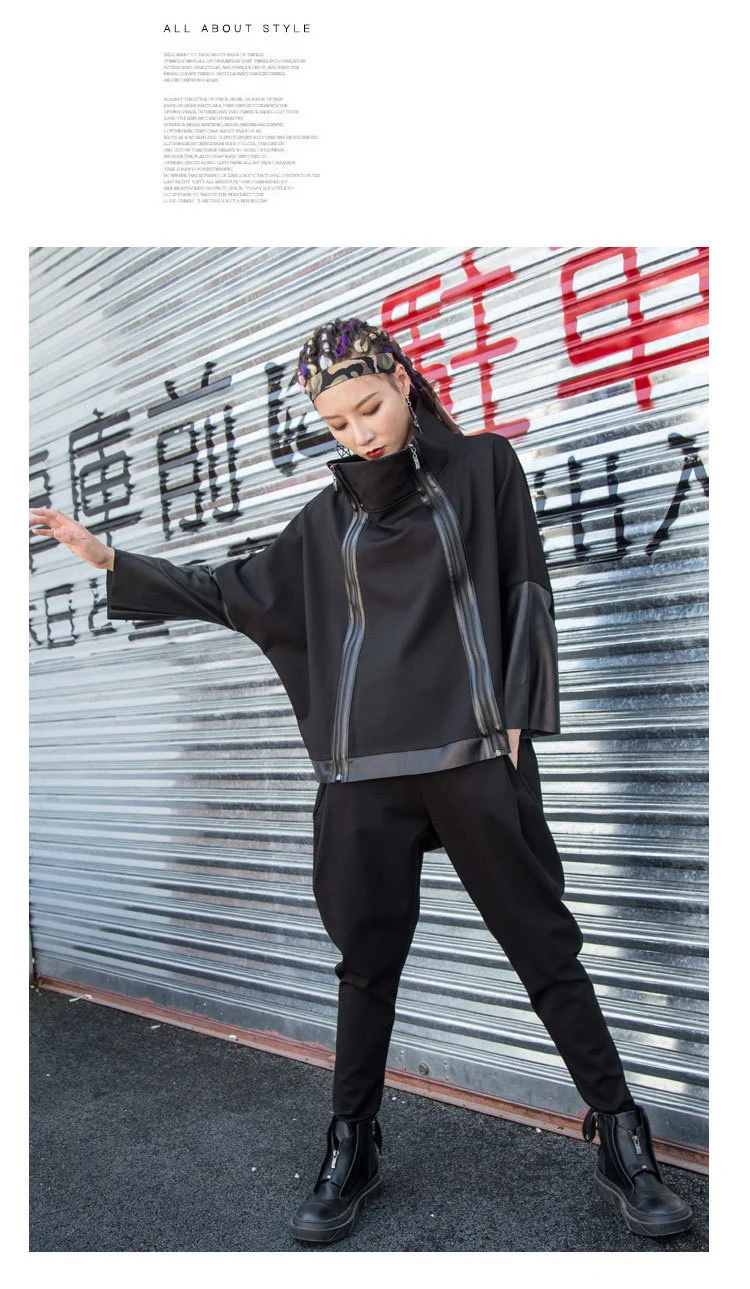 AmaxluluE Autumn 2025 Fashion Korean Ladies Punk Streetwear Womens Black Leather Patchwork Jacket Zipper Vintage Turtleneck Coat