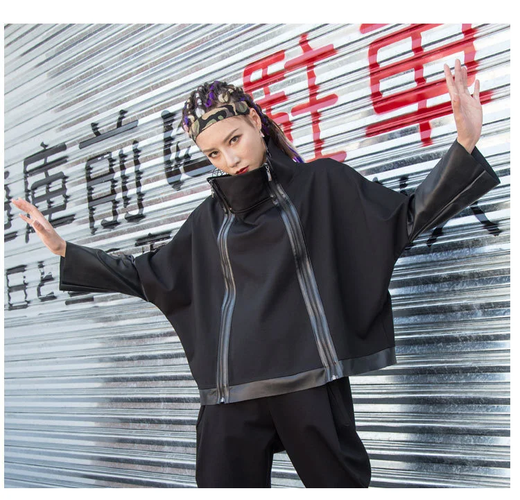 AmaxluluE Autumn 2025 Fashion Korean Ladies Punk Streetwear Womens Black Leather Patchwork Jacket Zipper Vintage Turtleneck Coat