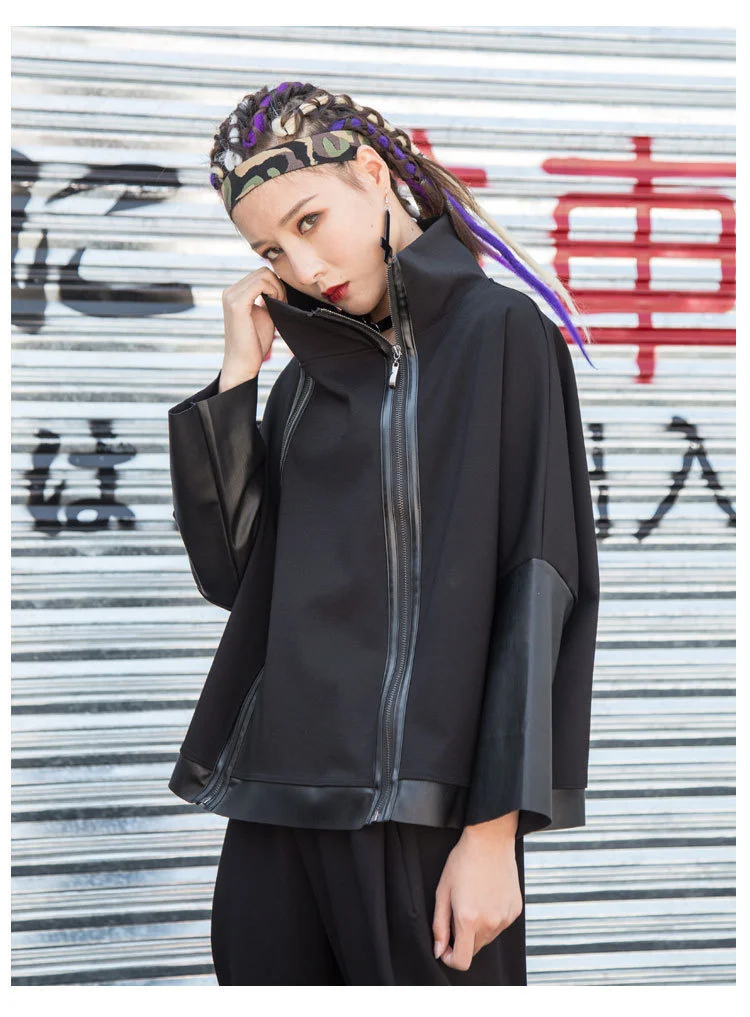 AmaxluluE Autumn 2025 Fashion Korean Ladies Punk Streetwear Womens Black Leather Patchwork Jacket Zipper Vintage Turtleneck Coat