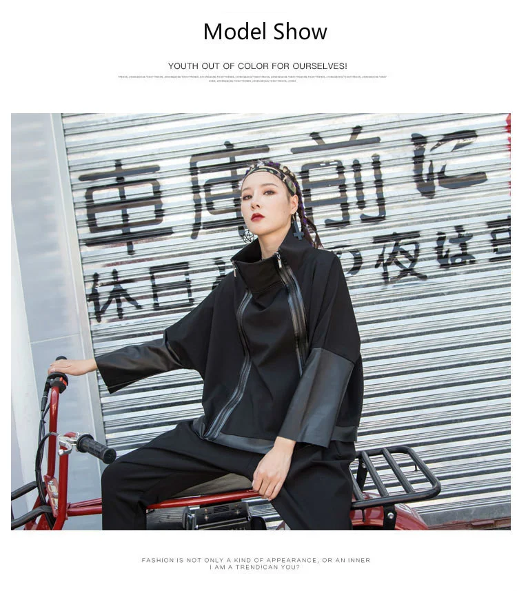 AmaxluluE Autumn 2025 Fashion Korean Ladies Punk Streetwear Womens Black Leather Patchwork Jacket Zipper Vintage Turtleneck Coat