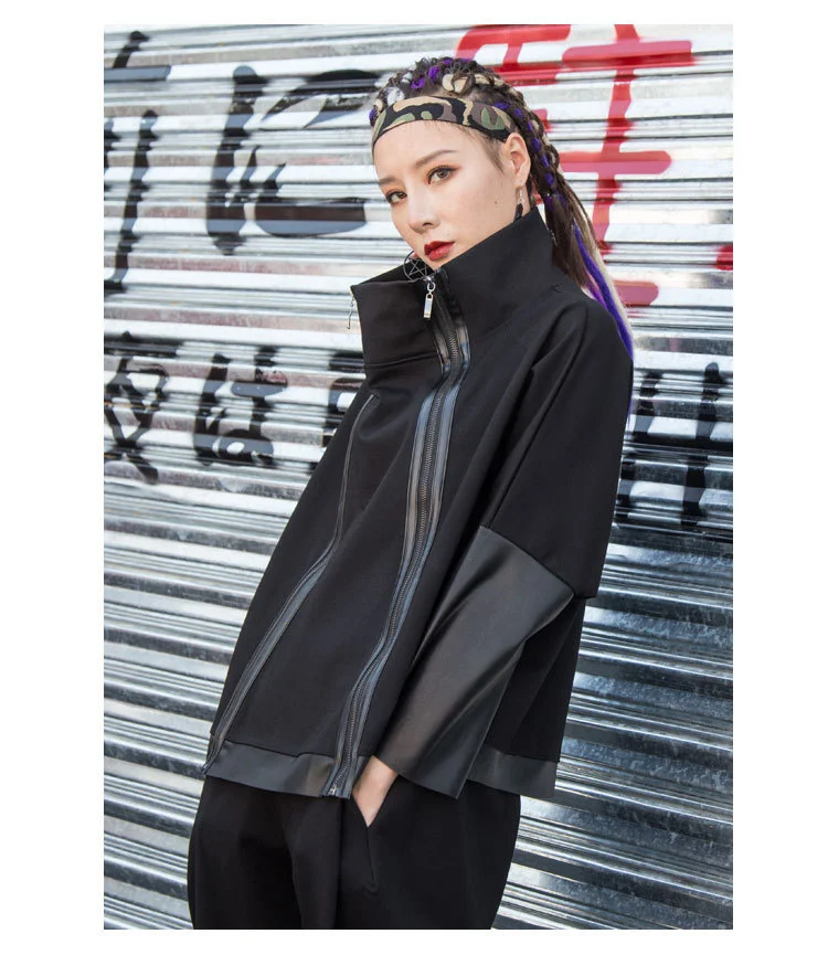 AmaxluluE Autumn 2025 Fashion Korean Ladies Punk Streetwear Womens Black Leather Patchwork Jacket Zipper Vintage Turtleneck Coat
