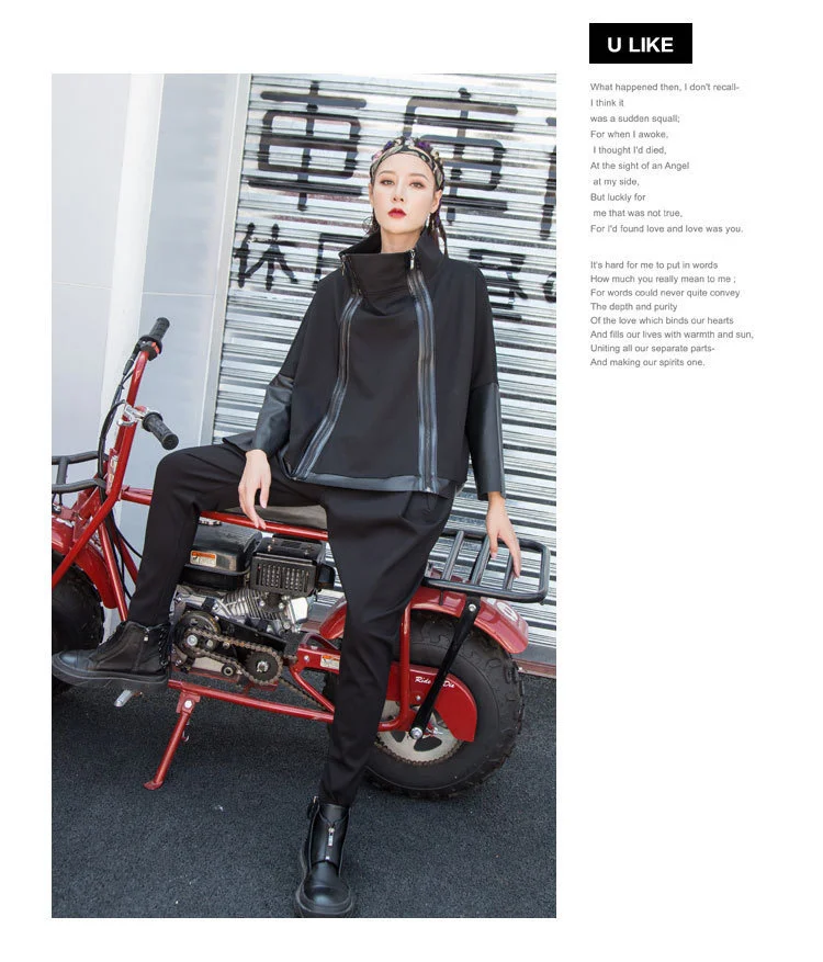 AmaxluluE Autumn 2025 Fashion Korean Ladies Punk Streetwear Womens Black Leather Patchwork Jacket Zipper Vintage Turtleneck Coat