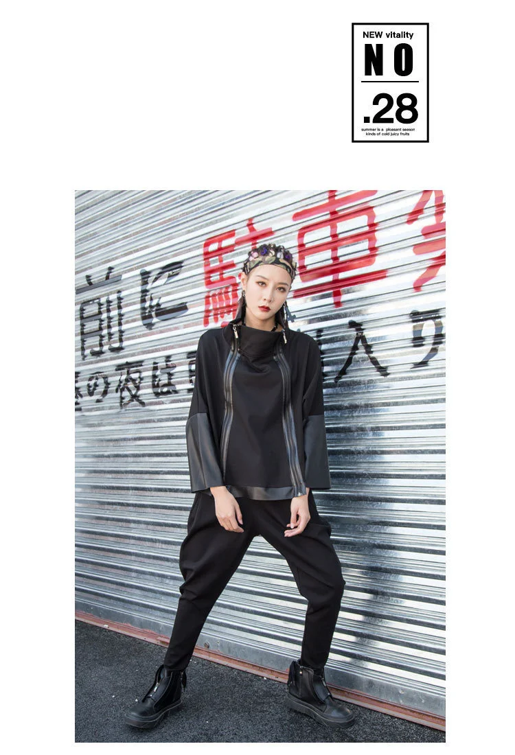 AmaxluluE Autumn 2025 Fashion Korean Ladies Punk Streetwear Womens Black Leather Patchwork Jacket Zipper Vintage Turtleneck Coat