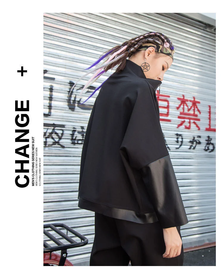 AmaxluluE Autumn 2025 Fashion Korean Ladies Punk Streetwear Womens Black Leather Patchwork Jacket Zipper Vintage Turtleneck Coat