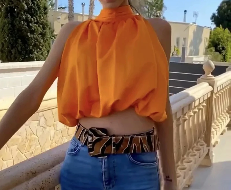 Klacwaya Top Women 2021 Sexy Blouses Orange Crop Ladies Shirts Halter Sleeveless Girl Summer Blusas Clothing Female Chic Tops