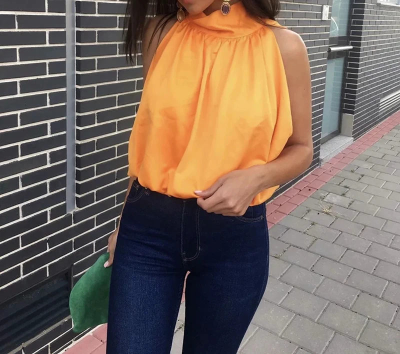 Klacwaya Top Women 2021 Sexy Blouses Orange Crop Ladies Shirts Halter Sleeveless Girl Summer Blusas Clothing Female Chic Tops