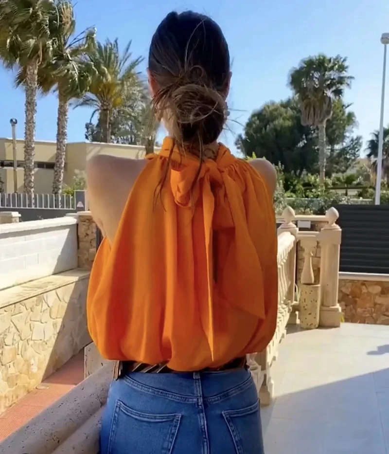Klacwaya Top Women 2021 Sexy Blouses Orange Crop Ladies Shirts Halter Sleeveless Girl Summer Blusas Clothing Female Chic Tops