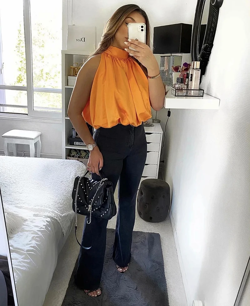 Klacwaya Top Women 2021 Sexy Blouses Orange Crop Ladies Shirts Halter Sleeveless Girl Summer Blusas Clothing Female Chic Tops