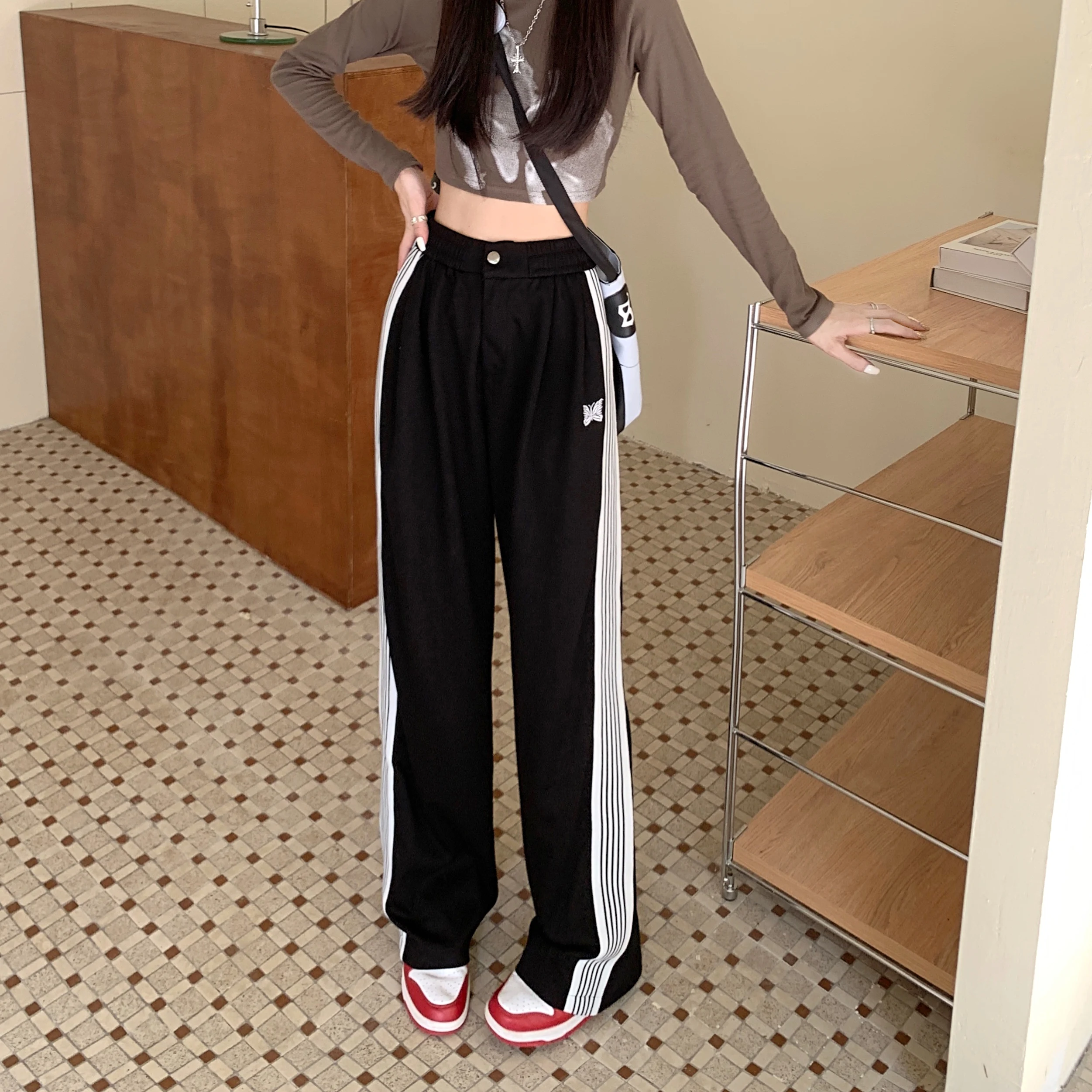 American Striped Pants Women 2025 Autumn Color Collision Loose Casual Straight Leg Sweatpants Versatile Fashion Trousers Female