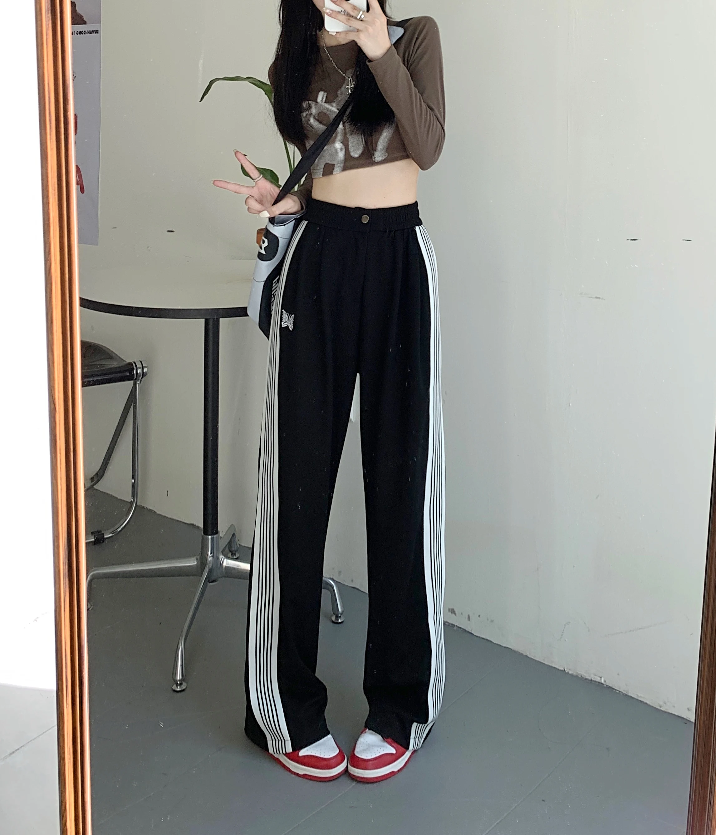 American Striped Pants Women 2025 Autumn Color Collision Loose Casual Straight Leg Sweatpants Versatile Fashion Trousers Female
